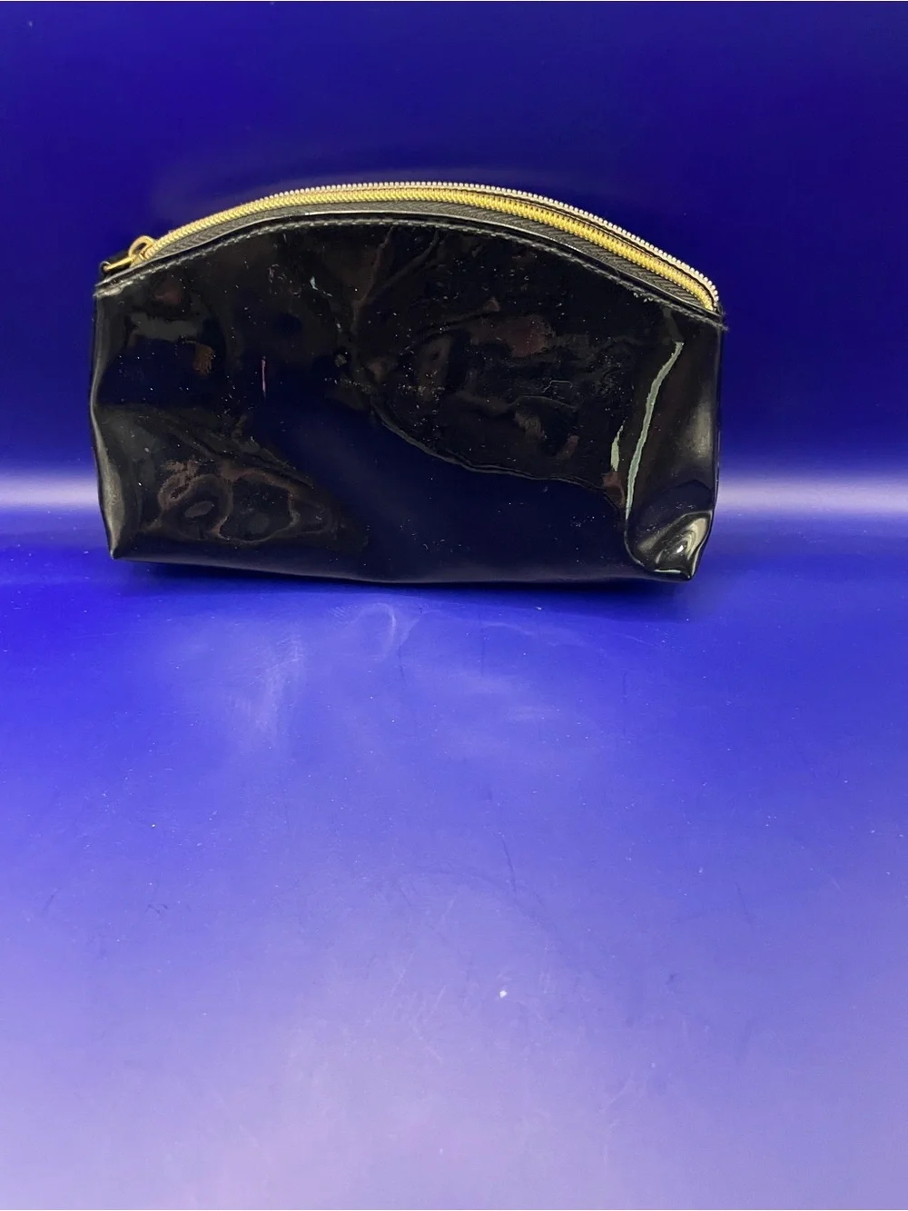 Vintage Glossy Black Patent Leather Cosmetic Bag Gold Zipper Small